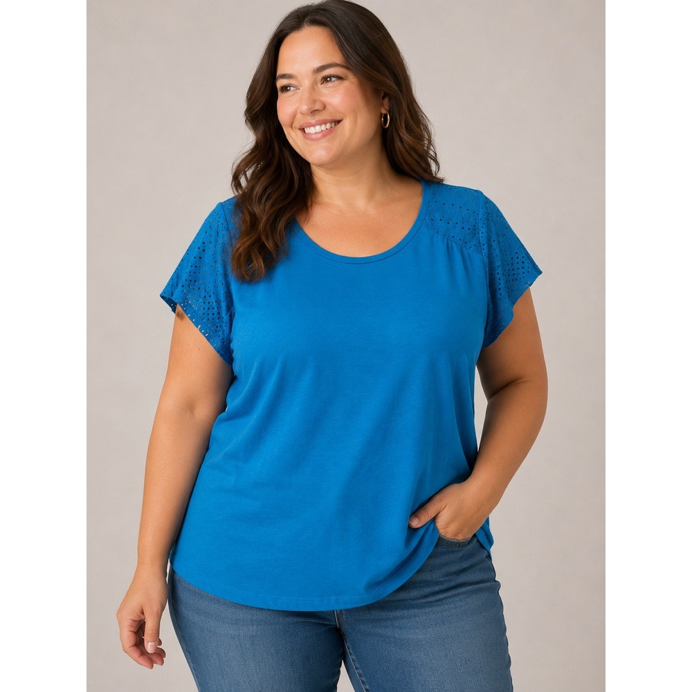 St Johns Bay Blue Eyelet Sleeve Top Plus Size Casual Short Sleeve Blouse 1X